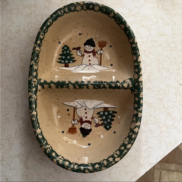Country Snowman Stoneware Divided Dish Holiday - Picture 2 of 3